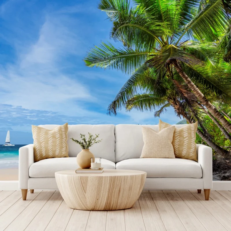 Fototapeta tropikalna plaża z palmami i żaglówką – Wallissimo® Fototapeta tropikalna plaża z palmami i żaglówką – Wallissimo®