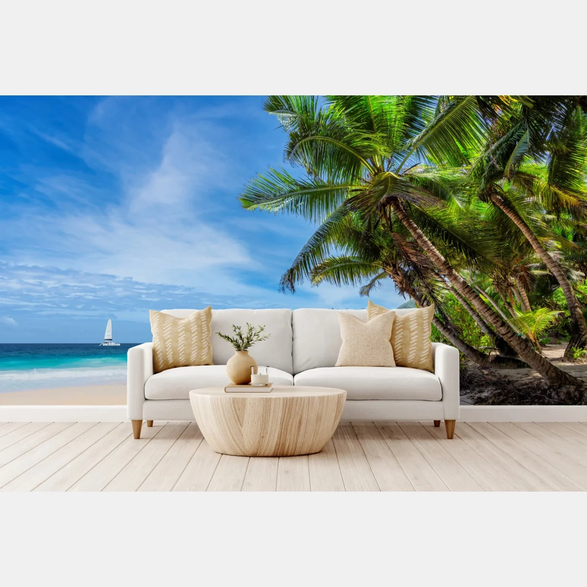 Fototapeta tropikalna plaża z palmami i żaglówką – Wallissimo® Fototapeta tropikalna plaża z palmami i żaglówką – Wallissimo®