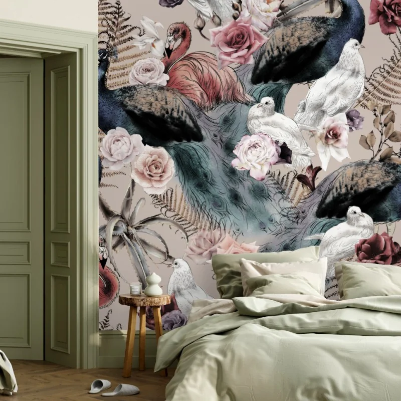 Fototapeta akwarelowy wzór z ptakami i różami – Wallissimo® Fototapeta akwarelowy wzór z ptakami i różami – Wallissimo®