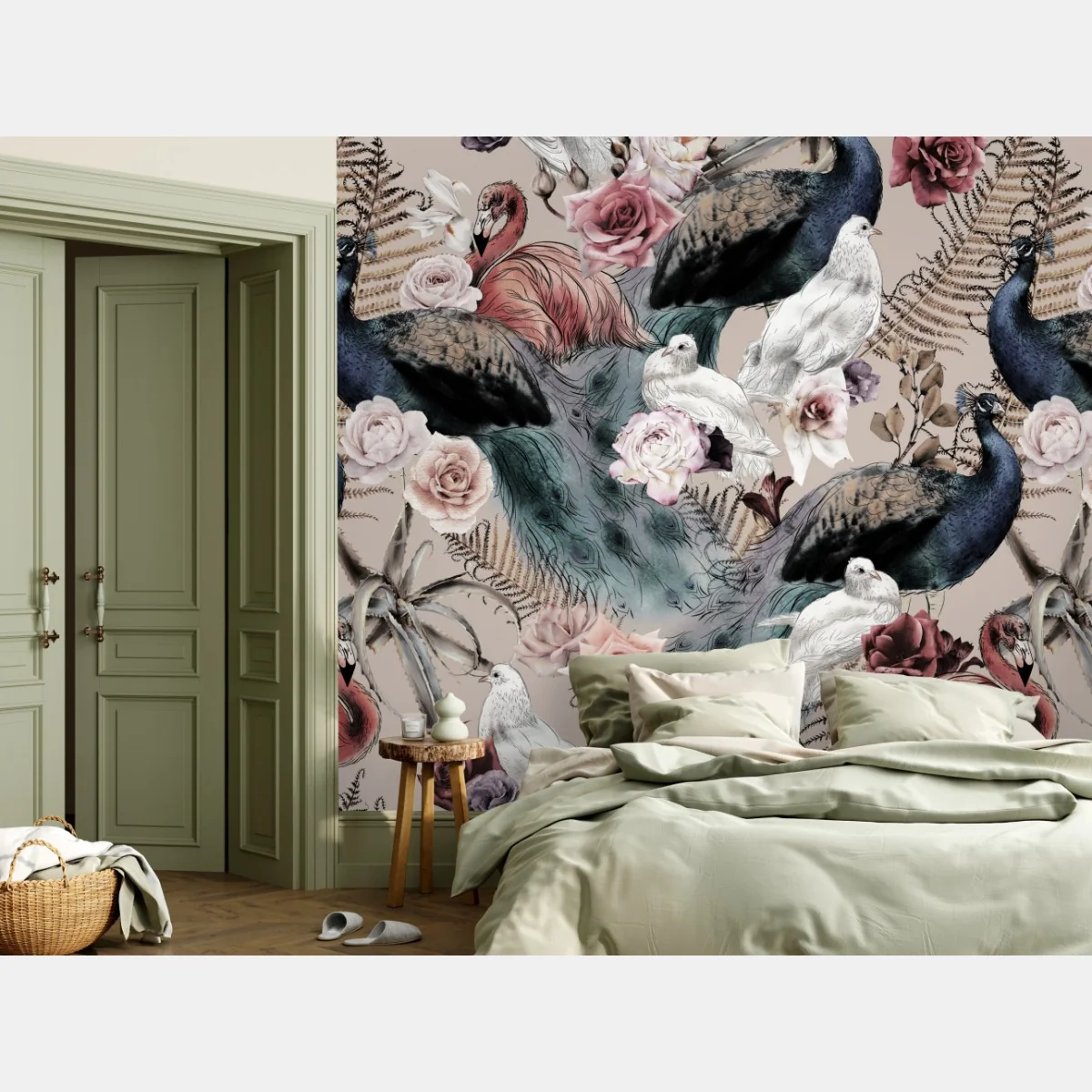 Fototapeta akwarelowy wzór z ptakami i różami – Wallissimo® Fototapeta akwarelowy wzór z ptakami i różami – Wallissimo®