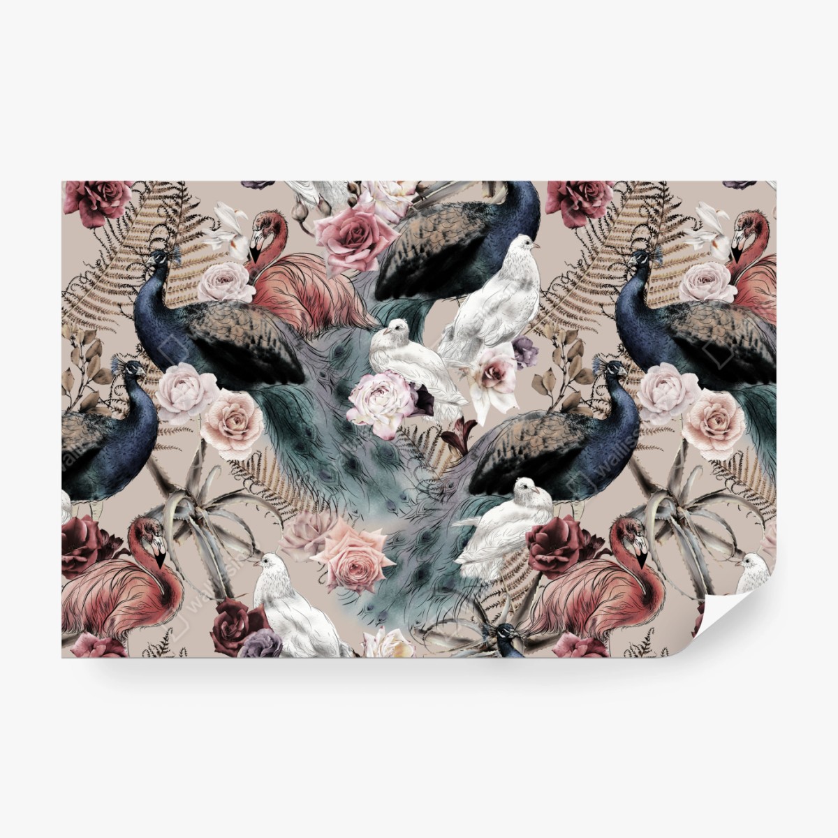 Fototapeta akwarelowy wzór z ptakami i różami – Wallissimo® Fototapeta akwarelowy wzór z ptakami i różami – Wallissimo®