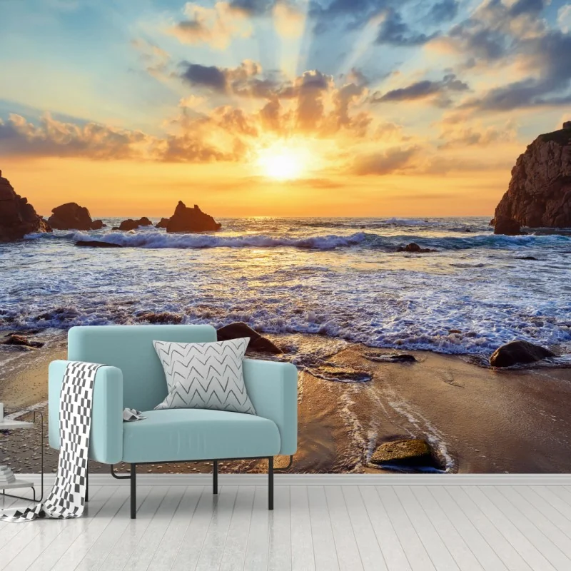 Fototapeta zachód słońca nad skalistym wybrzeżem – Wallissimo® Fototapeta zachód słońca nad skalistym wybrzeżem – Wallissimo®