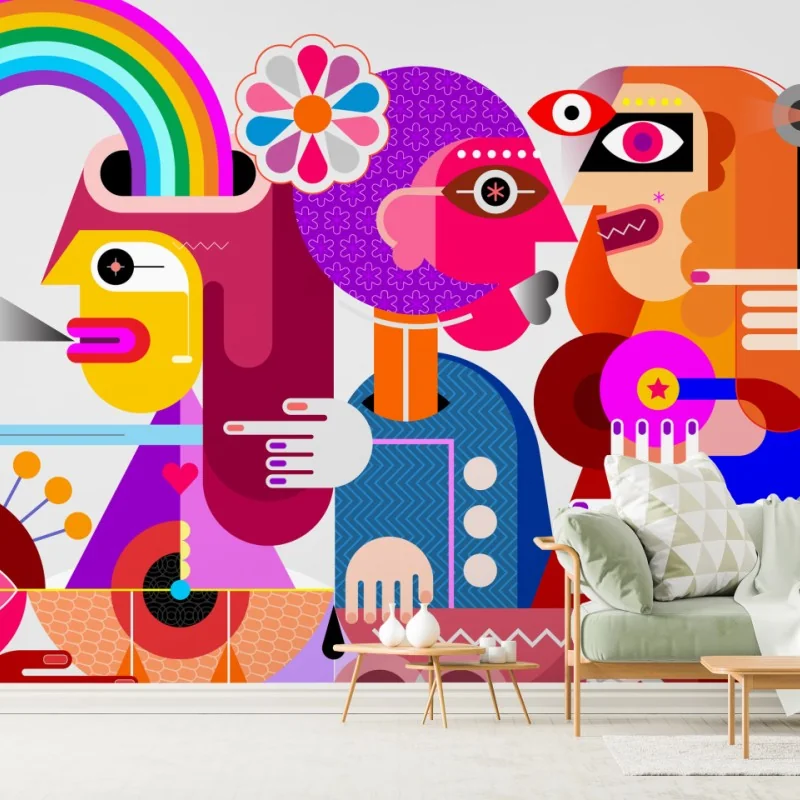 Fototapeta mężczyzna z tęczą jadący na geometrycznym ptaku – Wallissimo® Fototapeta mężczyzna z tęczą jadący na geometrycznym ptaku – Wallissimo®