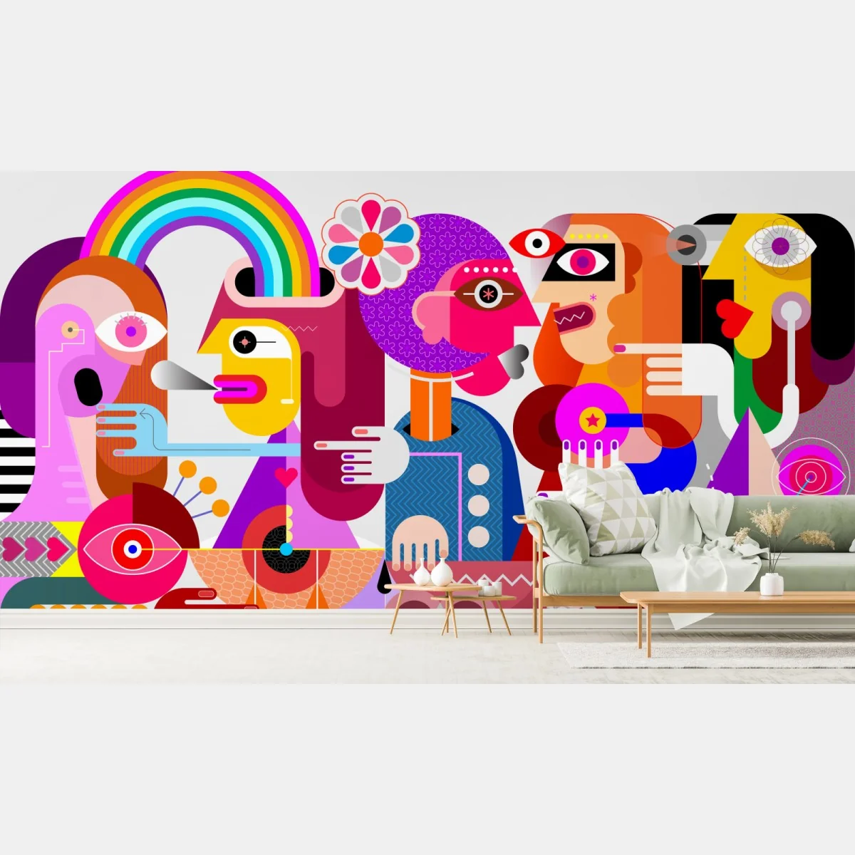 Fototapeta mężczyzna z tęczą jadący na geometrycznym ptaku – Wallissimo® Fototapeta mężczyzna z tęczą jadący na geometrycznym ptaku – Wallissimo®