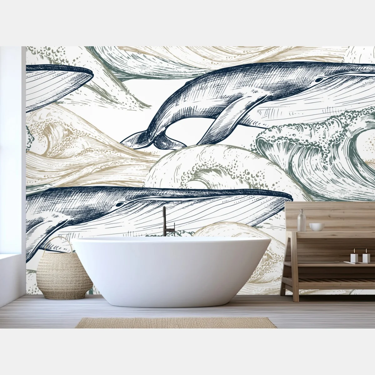 Fototapeta rysunek wielorybów i morskich fal – Wallissimo® Fototapeta rysunek wielorybów i morskich fal – Wallissimo®