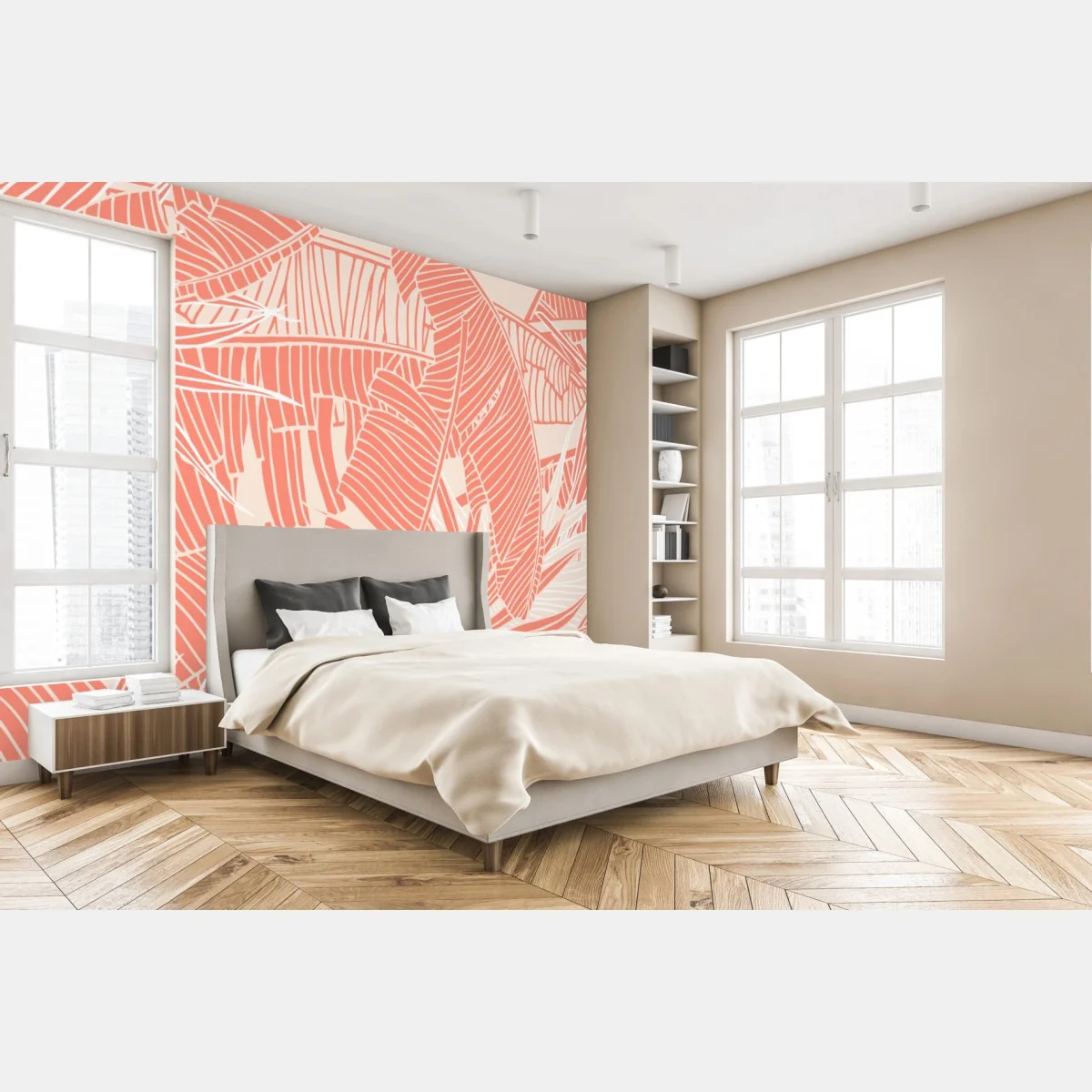 Fototapeta koralowy wzór tropikalnych liści – Wallissimo® Fototapeta koralowy wzór tropikalnych liści – Wallissimo®