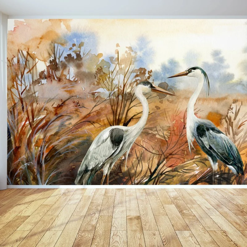 Fototapeta dwie czaple na jesiennym mokradle – Wallissimo® Fototapeta dwie czaple na jesiennym mokradle – Wallissimo®