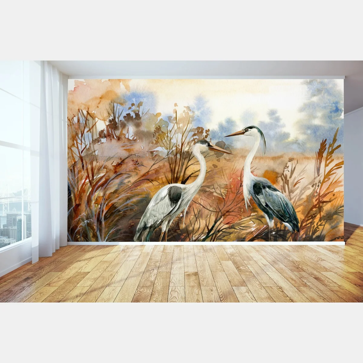 Fototapeta dwie czaple na jesiennym mokradle – Wallissimo® Fototapeta dwie czaple na jesiennym mokradle – Wallissimo®