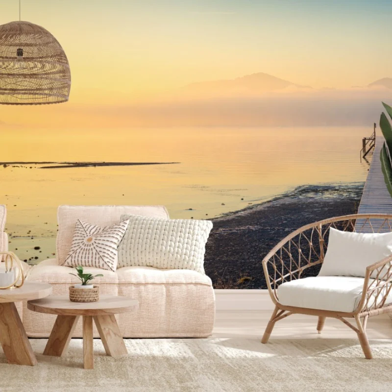 Fototapeta mglisty wschód nad drewnianym molo – Wallissimo® Fototapeta mglisty wschód nad drewnianym molo – Wallissimo®