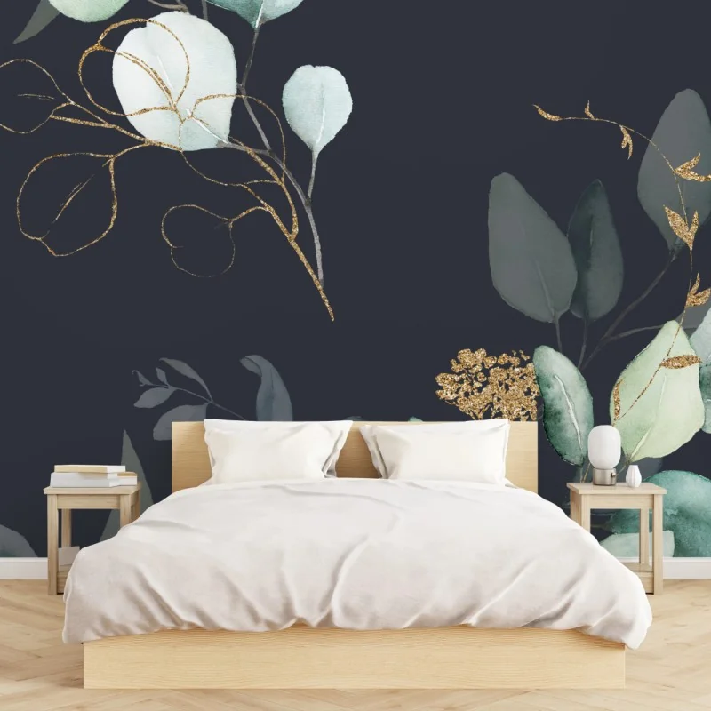 Fototapeta eukaliptusowe liście akwarelowe na ciemnym tle – Wallissimo®