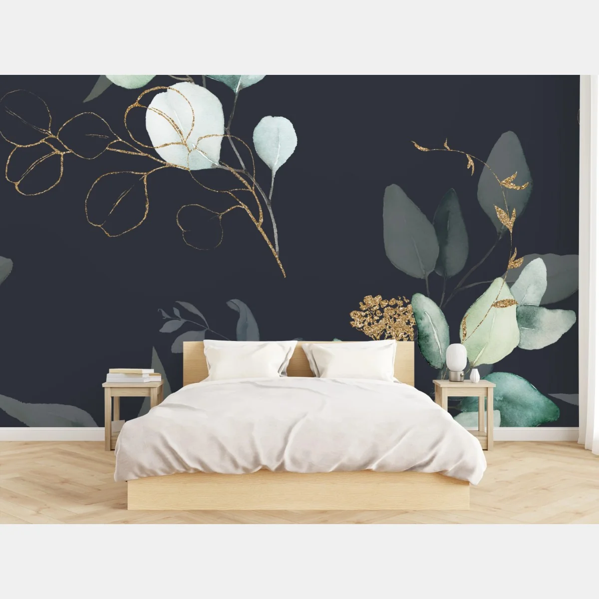 Fototapeta eukaliptusowe liście akwarelowe na ciemnym tle – Wallissimo®