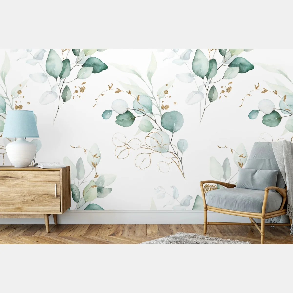 Fototapeta akwarelowy wzór eukaliptusa w zieleni – Wallissimo®