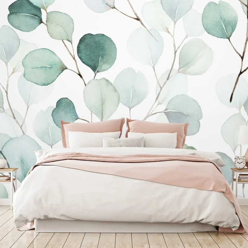 Fototapeta delikatny wzór liści eukaliptusa w akwareli – Wallissimo® Fototapeta delikatny wzór liści eukaliptusa w akwareli – Wallissimo®