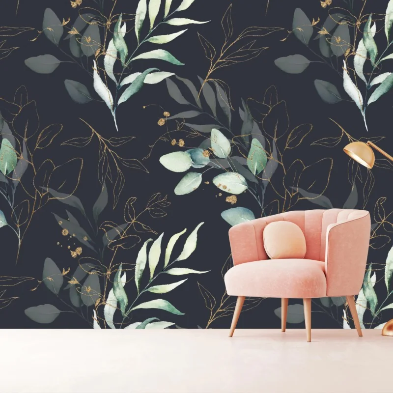 Fototapeta akwarelowe liście eukaliptusa na ciemnym tle – Wallissimo®