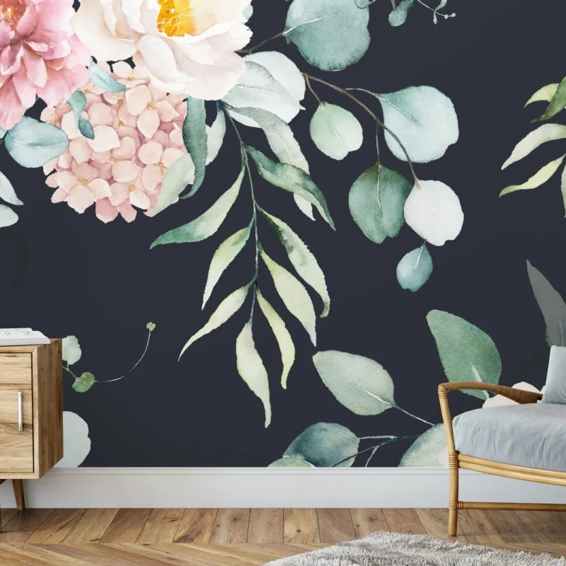 Fototapeta elegancki akwarelowy wzór kwiatowy na ciemnym tle – Wallissimo®