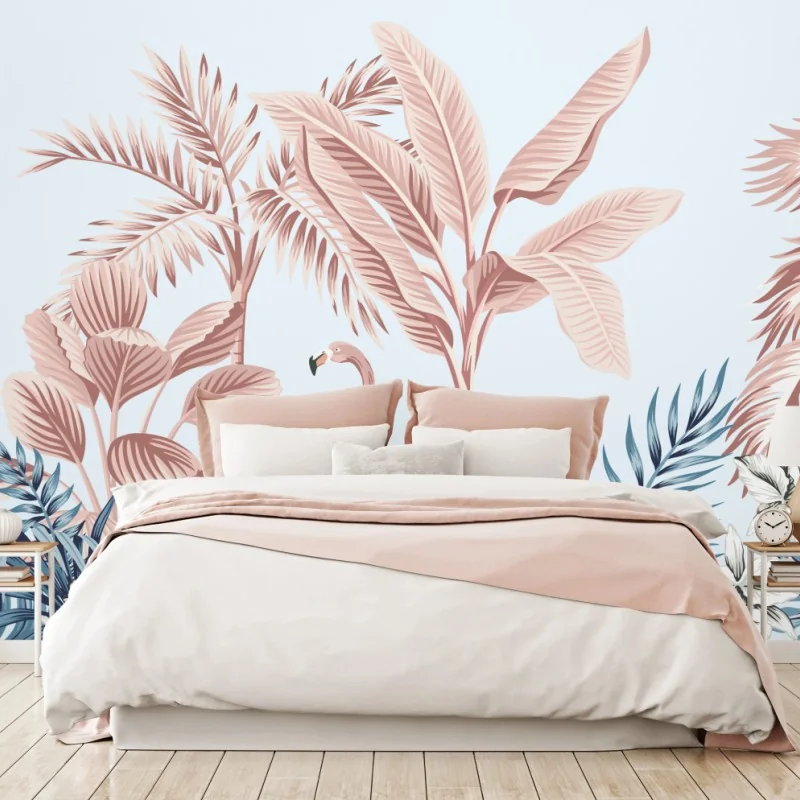 Fototapeta pastelowy tropikalny ogród z flamingiem – Wallissimo® Fototapeta pastelowy tropikalny ogród z flamingiem – Wallissimo®