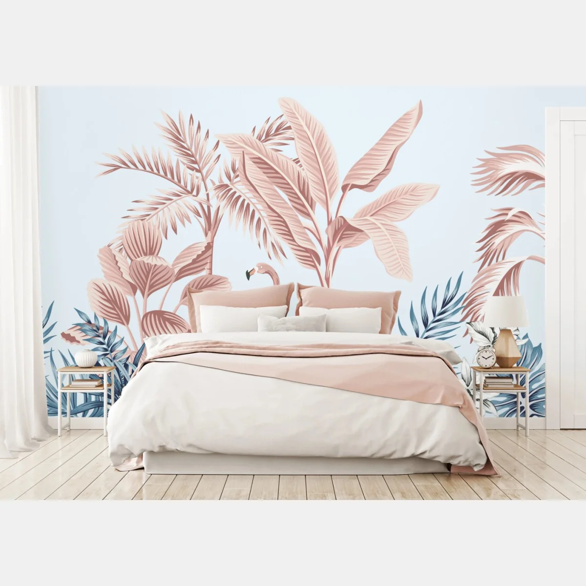 Fototapeta pastelowy tropikalny ogród z flamingiem – Wallissimo® Fototapeta pastelowy tropikalny ogród z flamingiem – Wallissimo®