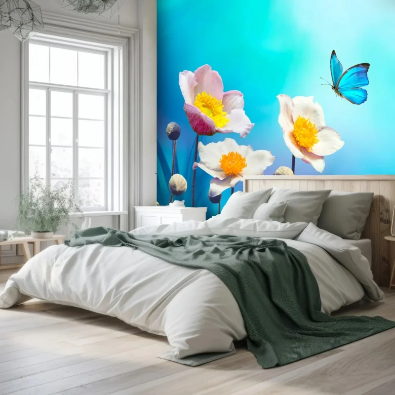 Fototapeta delikatne różowe anemony i niebieski motyl – Wallissimo® Fototapeta delikatne różowe anemony i niebieski motyl – Wallissimo®