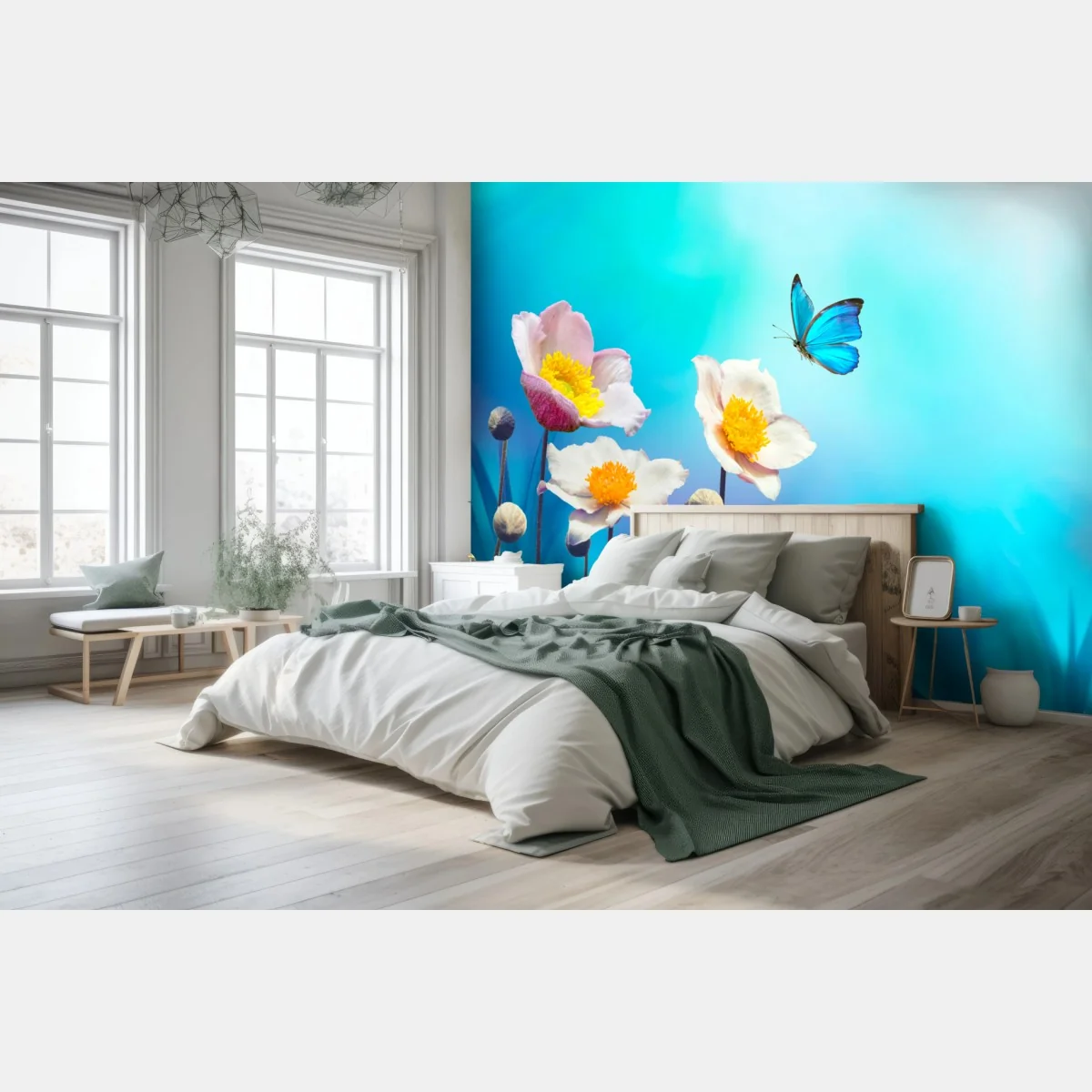 Fototapeta delikatne różowe anemony i niebieski motyl – Wallissimo® Fototapeta delikatne różowe anemony i niebieski motyl – Wallissimo®