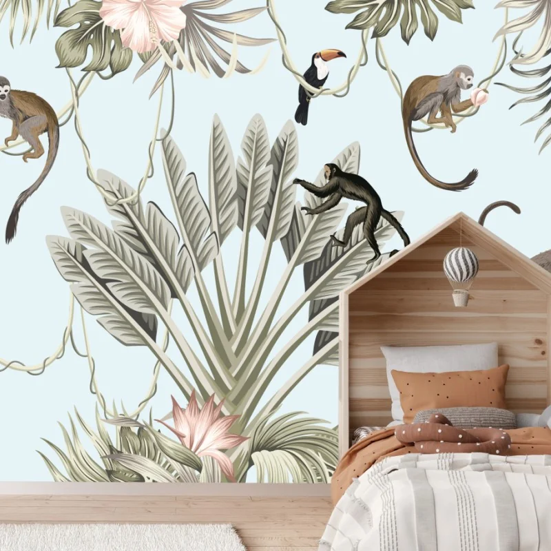 Fototapeta pastelowy wzór dżungli z zwierzętami – Wallissimo® Fototapeta pastelowy wzór dżungli z zwierzętami – Wallissimo®