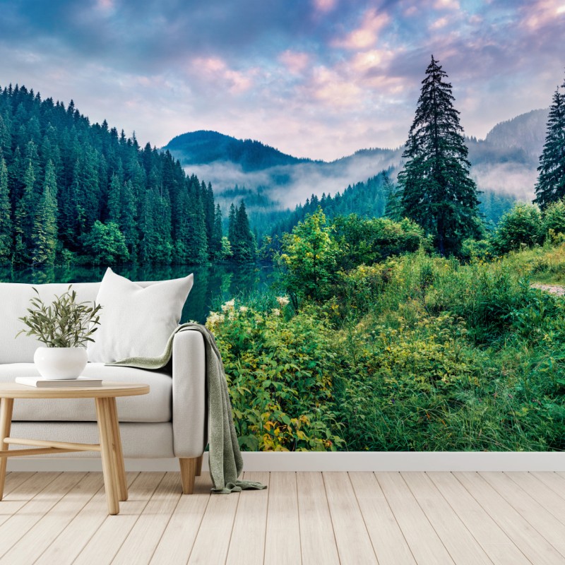 Fototapeta mglisty wschód słońca nad Lacu Rosu – Wallissimo® Fototapeta mglisty wschód słońca nad Lacu Rosu – Wallissimo®