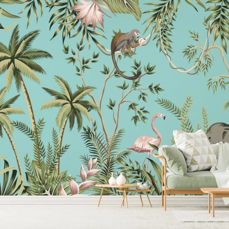 Fototapeta tropikalna scena dżungli ze słoniem i flamingiem – Wallissimo® Fototapeta tropikalna scena dżungli ze słoniem i flamingiem – Wallissimo®
