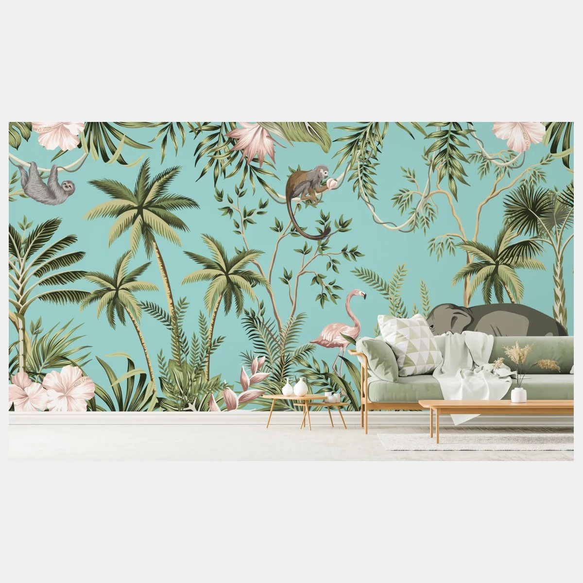 Fototapeta tropikalna scena dżungli ze słoniem i flamingiem – Wallissimo® Fototapeta tropikalna scena dżungli ze słoniem i flamingiem – Wallissimo®