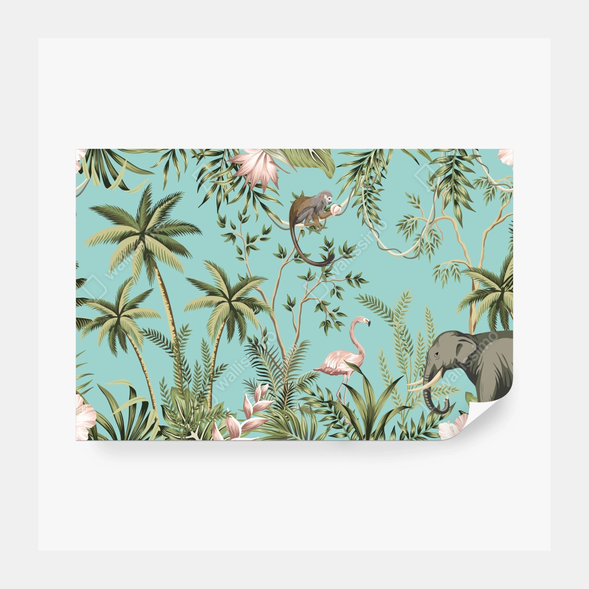 Fototapeta tropikalna scena dżungli ze słoniem i flamingiem – Wallissimo® Fototapeta tropikalna scena dżungli ze słoniem i flamingiem – Wallissimo®