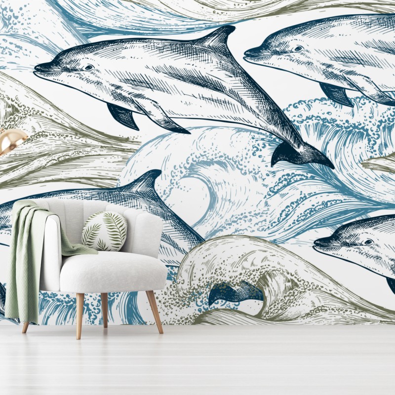 Fototapeta vintage delfiny oceaniczna ilustracja – Wallissimo® Fototapeta vintage delfiny oceaniczna ilustracja – Wallissimo®