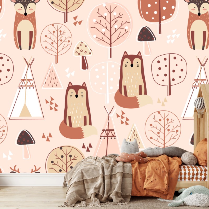 Fototapeta wzór z lisami do pokoju dziecięcego – Wallissimo®