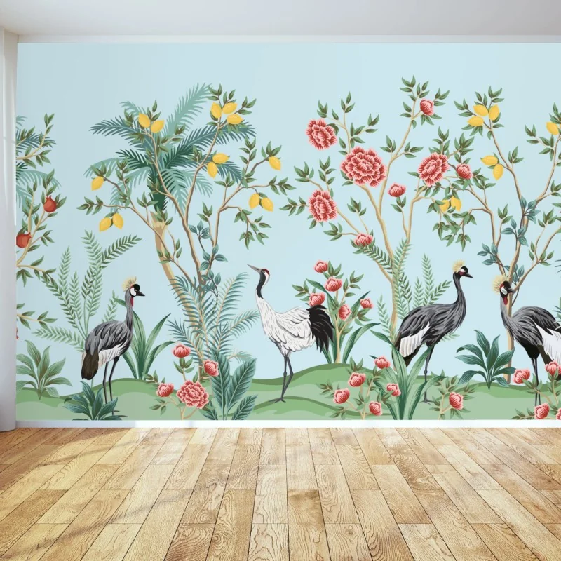 Fototapeta ogród z żurawiami i kwiatami – Wallissimo® Fototapeta ogród z żurawiami i kwiatami – Wallissimo®