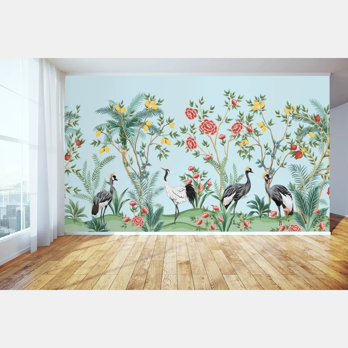 Fototapeta ogród z żurawiami i kwiatami – Wallissimo® Fototapeta ogród z żurawiami i kwiatami – Wallissimo®