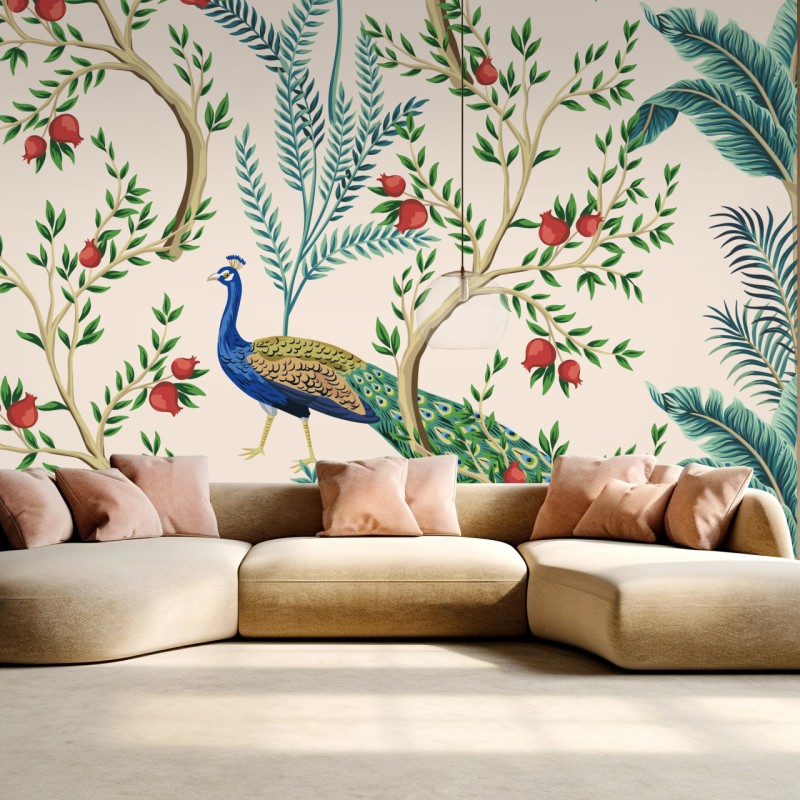 Fototapeta paw wśród gałęzi granatu – Wallissimo® Fototapeta paw wśród gałęzi granatu – Wallissimo®