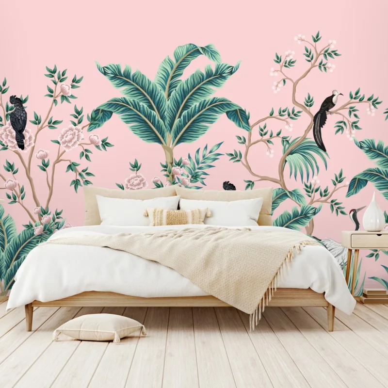 Fototapeta pastelowy tropikalny wzór botaniczny z żurawiami – Wallissimo® Fototapeta pastelowy tropikalny wzór botaniczny z żurawiami – Wallissimo®