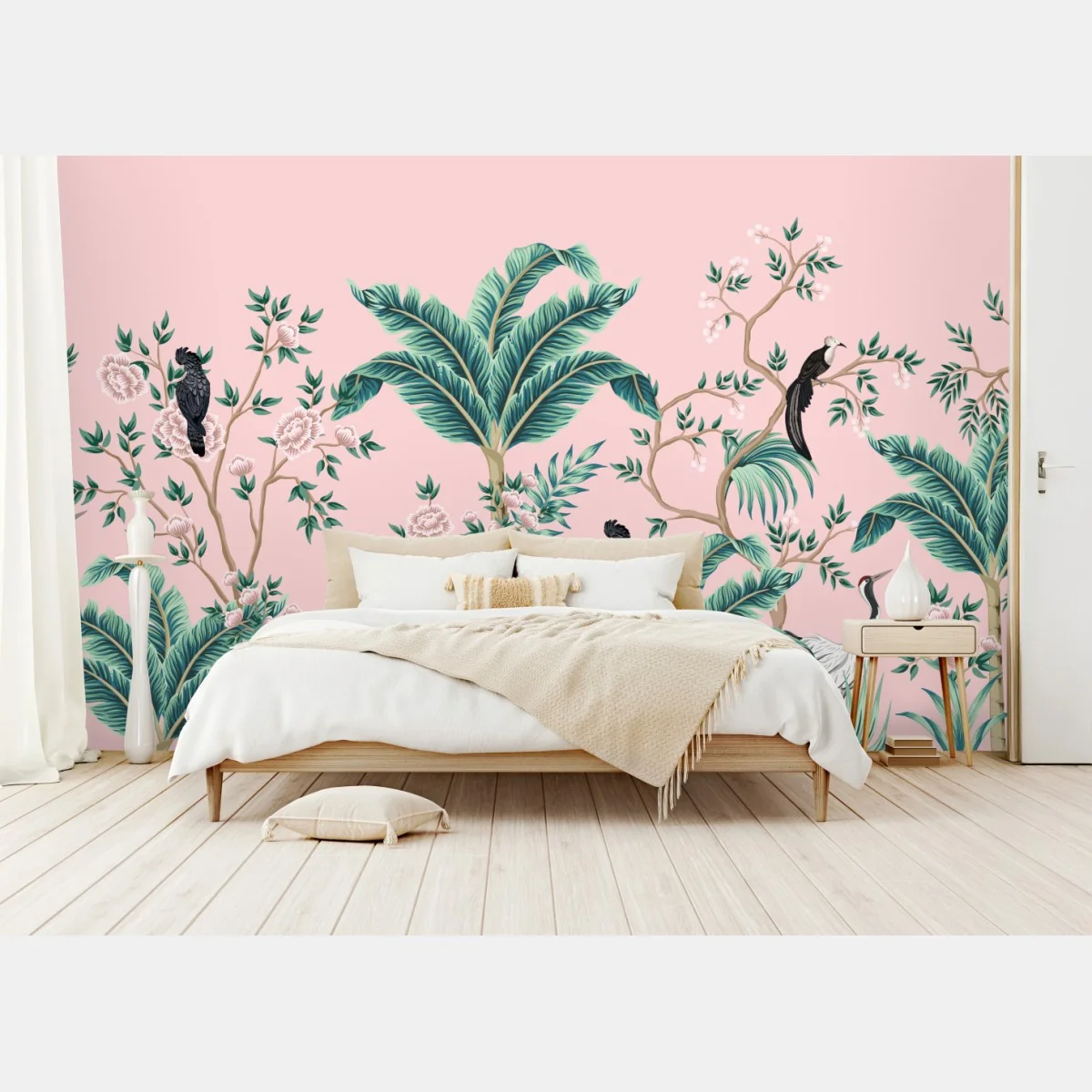 Fototapeta pastelowy tropikalny wzór botaniczny z żurawiami – Wallissimo® Fototapeta pastelowy tropikalny wzór botaniczny z żurawiami – Wallissimo®