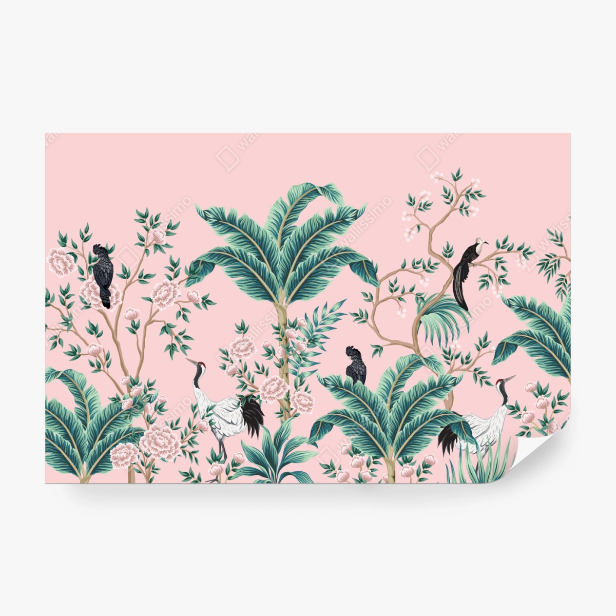 Fototapeta pastelowy tropikalny wzór botaniczny z żurawiami – Wallissimo® Fototapeta pastelowy tropikalny wzór botaniczny z żurawiami – Wallissimo®