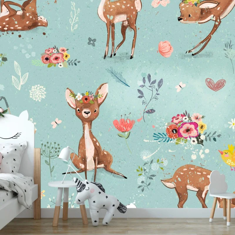 Fototapeta pastelowy wzór leśnych sarenek i królików – Wallissimo® Fototapeta pastelowy wzór leśnych sarenek i królików – Wallissimo®