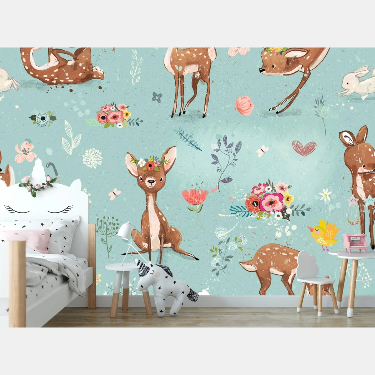 Fototapeta pastelowy wzór leśnych sarenek i królików – Wallissimo® Fototapeta pastelowy wzór leśnych sarenek i królików – Wallissimo®