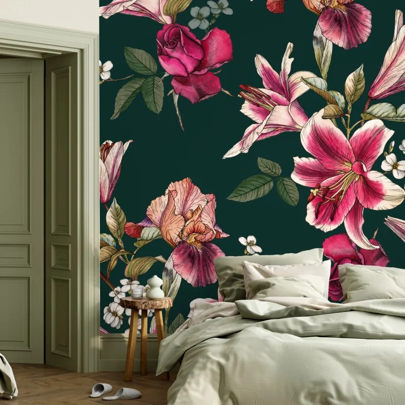 Fototapeta vintage botaniczny wzór kwiatowy na głębokiej zieleni – Wallissimo® Fototapeta vintage botaniczny wzór kwiatowy na głębokiej zieleni – Wallissimo®