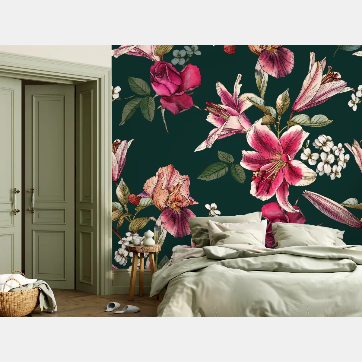 Fototapeta vintage botaniczny wzór kwiatowy na głębokiej zieleni – Wallissimo® Fototapeta vintage botaniczny wzór kwiatowy na głębokiej zieleni – Wallissimo®