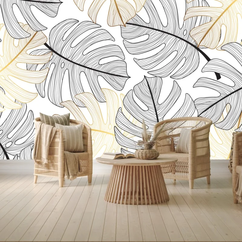 Fototapeta wzór liści monstera ze złotymi akcentami – Wallissimo® Fototapeta wzór liści monstera ze złotymi akcentami – Wallissimo®