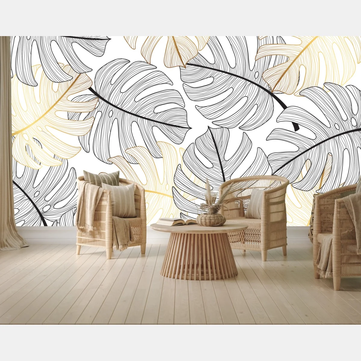 Fototapeta wzór liści monstera ze złotymi akcentami – Wallissimo® Fototapeta wzór liści monstera ze złotymi akcentami – Wallissimo®