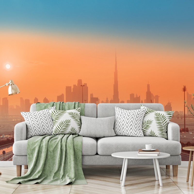 Fototapeta Dubaj panorama o wschodzie słońca – Wallissimo® Fototapeta Dubaj panorama o wschodzie słońca – Wallissimo®