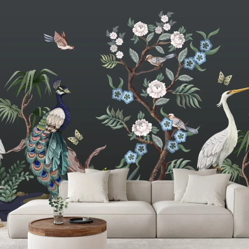 Fototapeta pawie i czaple w kwiatowej scenie – Wallissimo® Fototapeta pawie i czaple w kwiatowej scenie – Wallissimo®