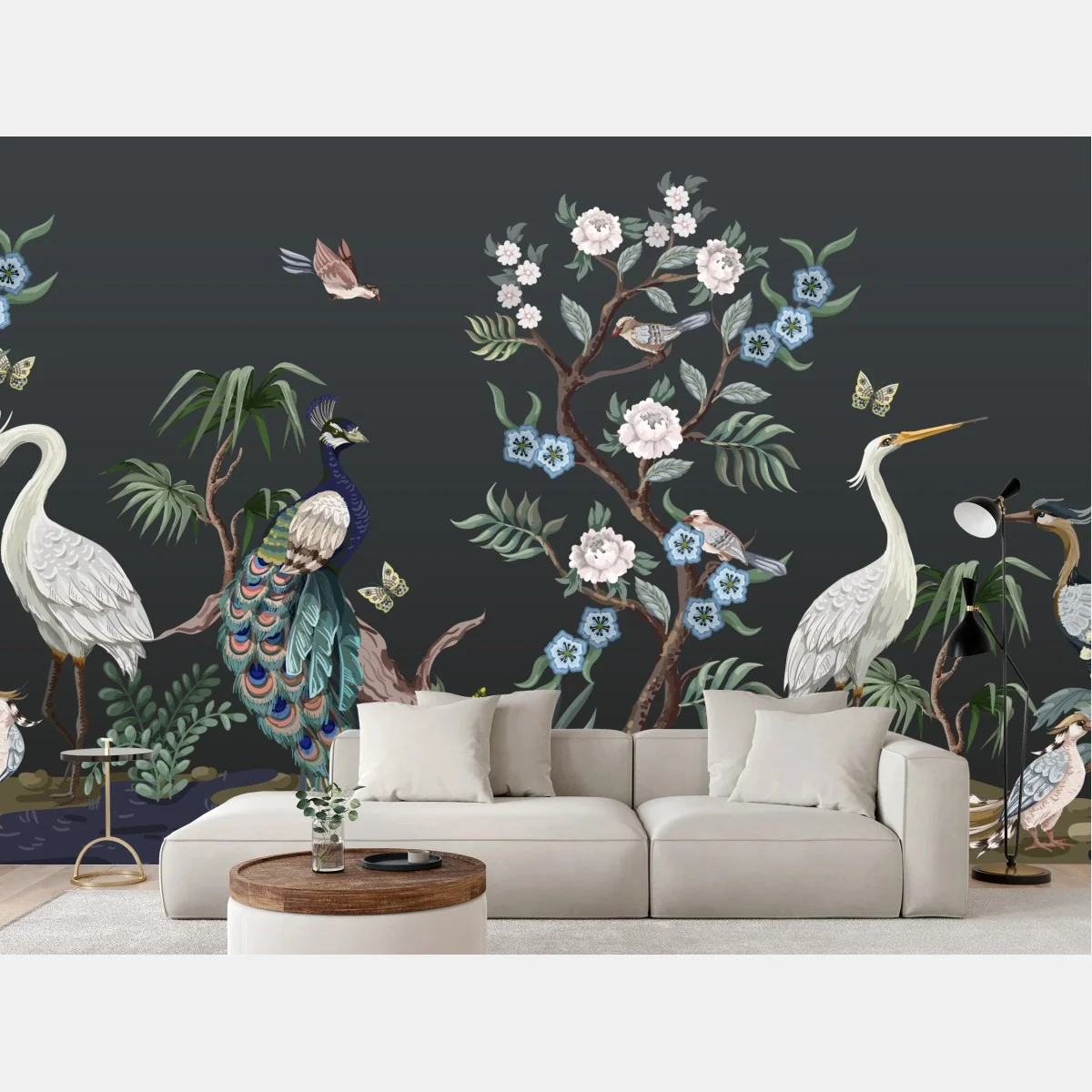 Fototapeta pawie i czaple w kwiatowej scenie – Wallissimo® Fototapeta pawie i czaple w kwiatowej scenie – Wallissimo®