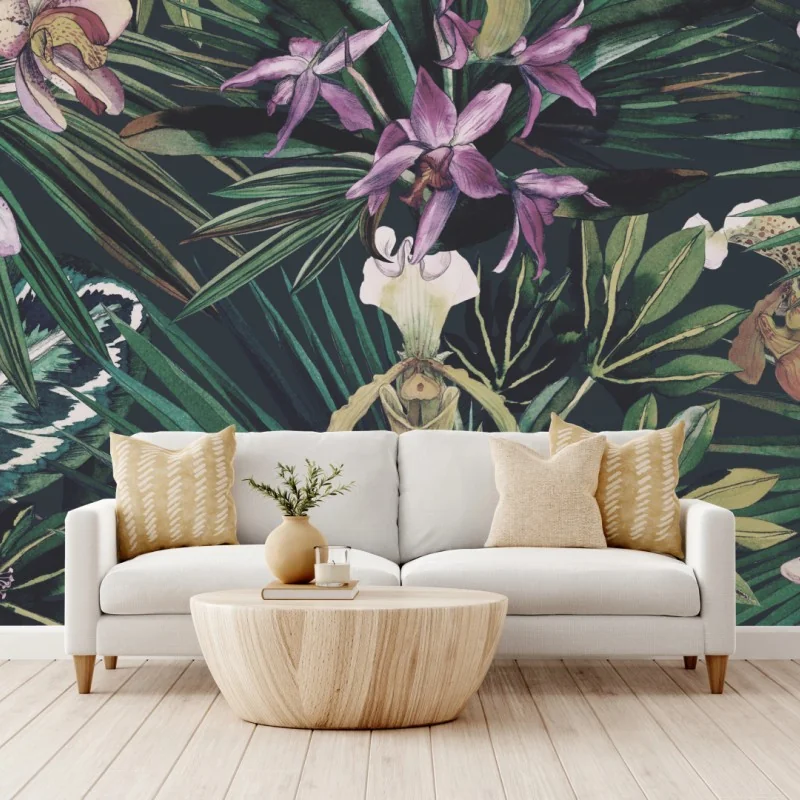 Fototapeta tropikalne akwarelowe orchidee i liście palmowe – Wallissimo® Fototapeta tropikalne akwarelowe orchidee i liście palmowe – Wallissimo®
