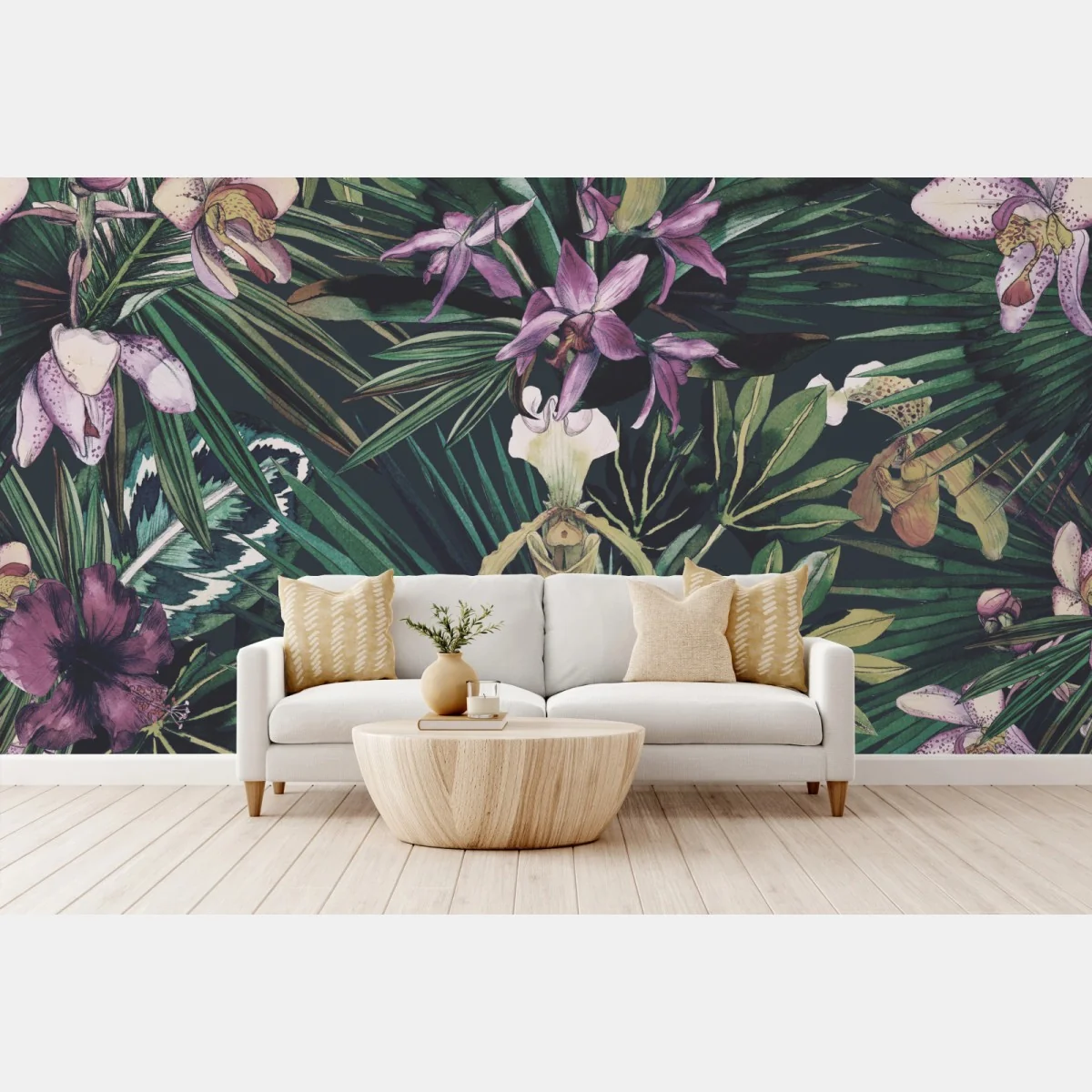 Fototapeta tropikalne akwarelowe orchidee i liście palmowe – Wallissimo® Fototapeta tropikalne akwarelowe orchidee i liście palmowe – Wallissimo®