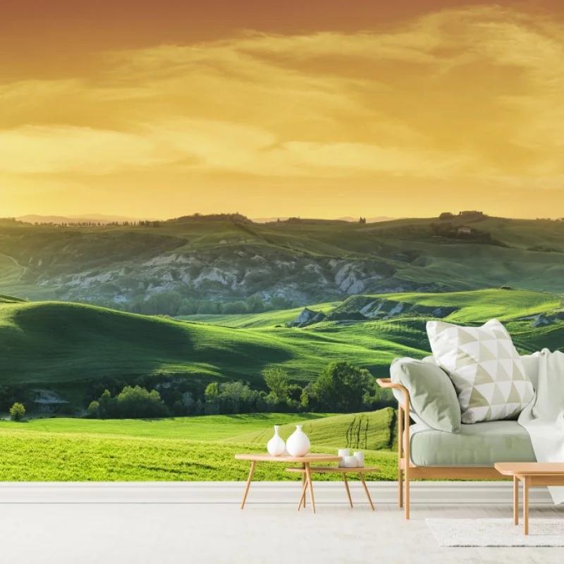 Fototapeta Toskańskie pagórki o zachodzie słońca – Wallissimo® Fototapeta Toskańskie pagórki o zachodzie słońca – Wallissimo®