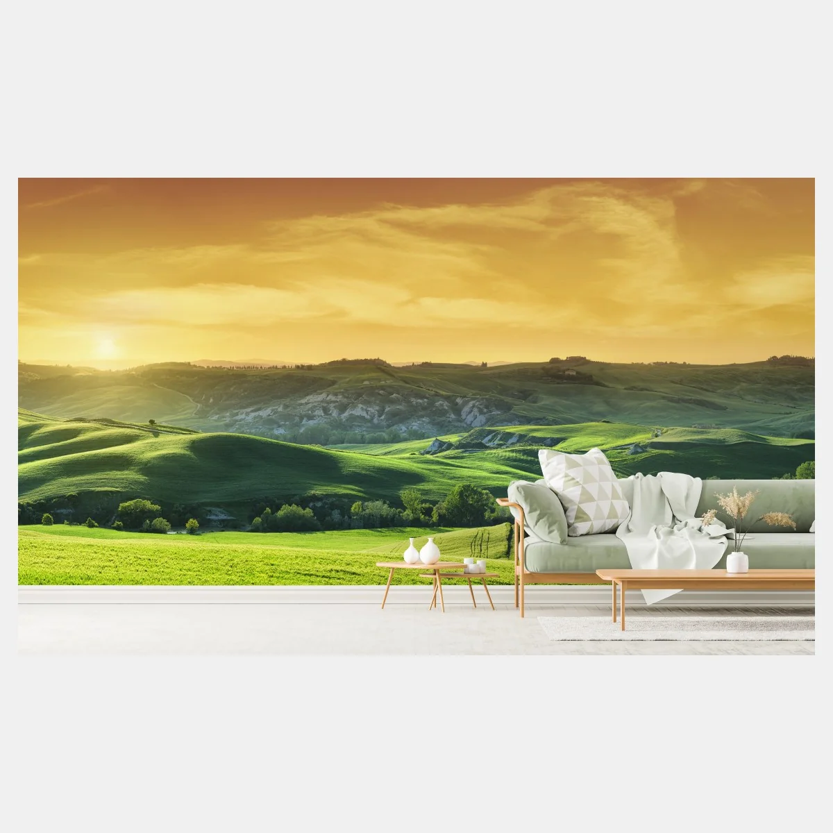 Fototapeta Toskańskie pagórki o zachodzie słońca – Wallissimo® Fototapeta Toskańskie pagórki o zachodzie słońca – Wallissimo®