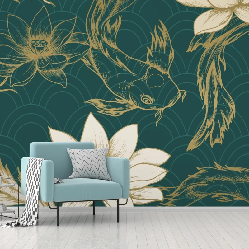 Fototapeta orientalny wzór koi i lotosów w turkusie i złocie – Wallissimo® Fototapeta orientalny wzór koi i lotosów w turkusie i złocie – Wallissimo®